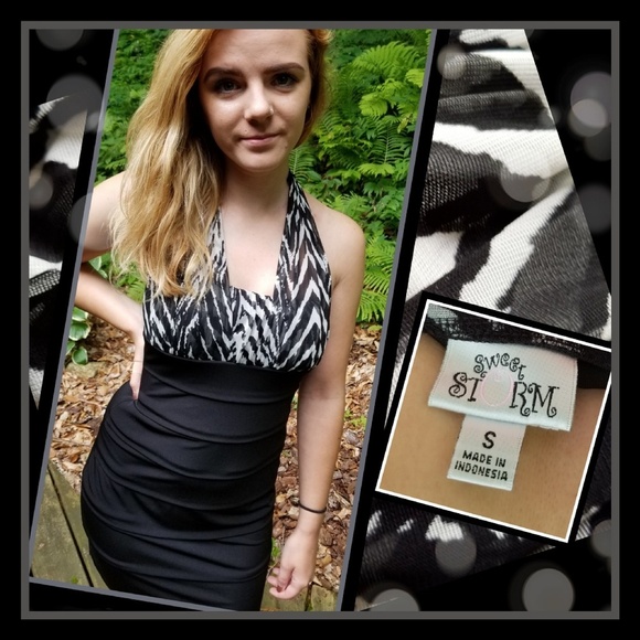 Sweet Storm ✦ Zebra Print Bodycon Dress ✦ Black Halter Drop Waist Mini Sz S NWOT - Picture 4 of 6